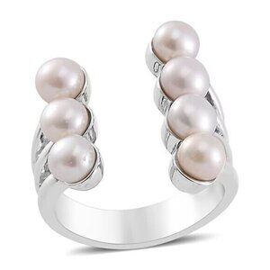 Modern Designed White Freshwater Pearl Open Band Ring in Silvertone - Size 6